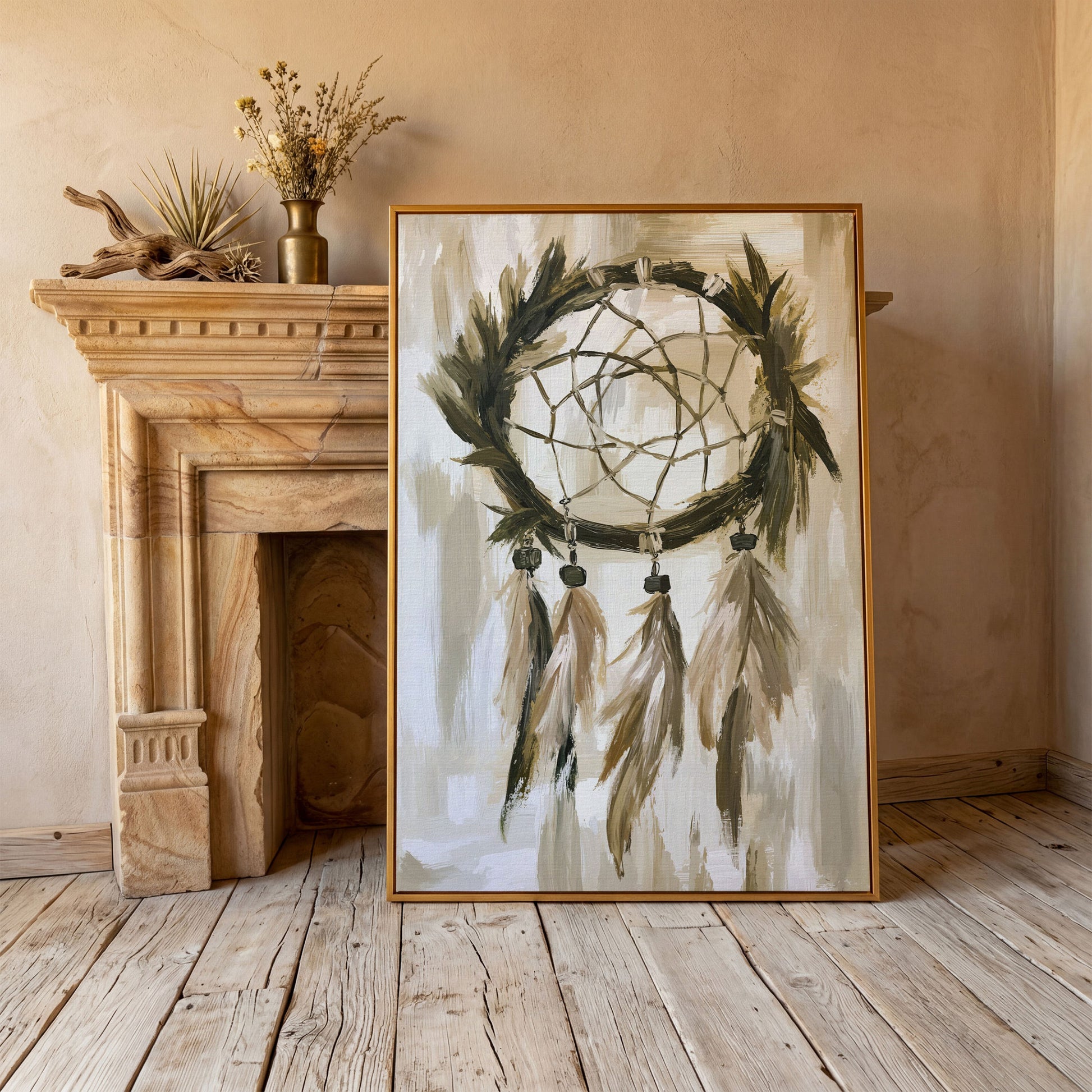 Boho Dreamcatcher Canvas Wall Art, Portrait Print in antique gold floating frame
