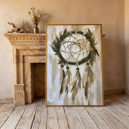 Boho Dreamcatcher Canvas Wall Art, Portrait Print in antique gold floating frame