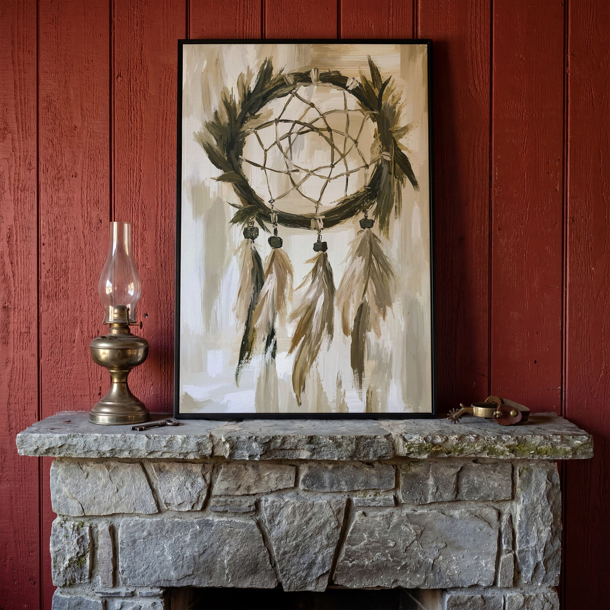 Boho Dreamcatcher Canvas Wall Art, Portrait Print in black floating frame