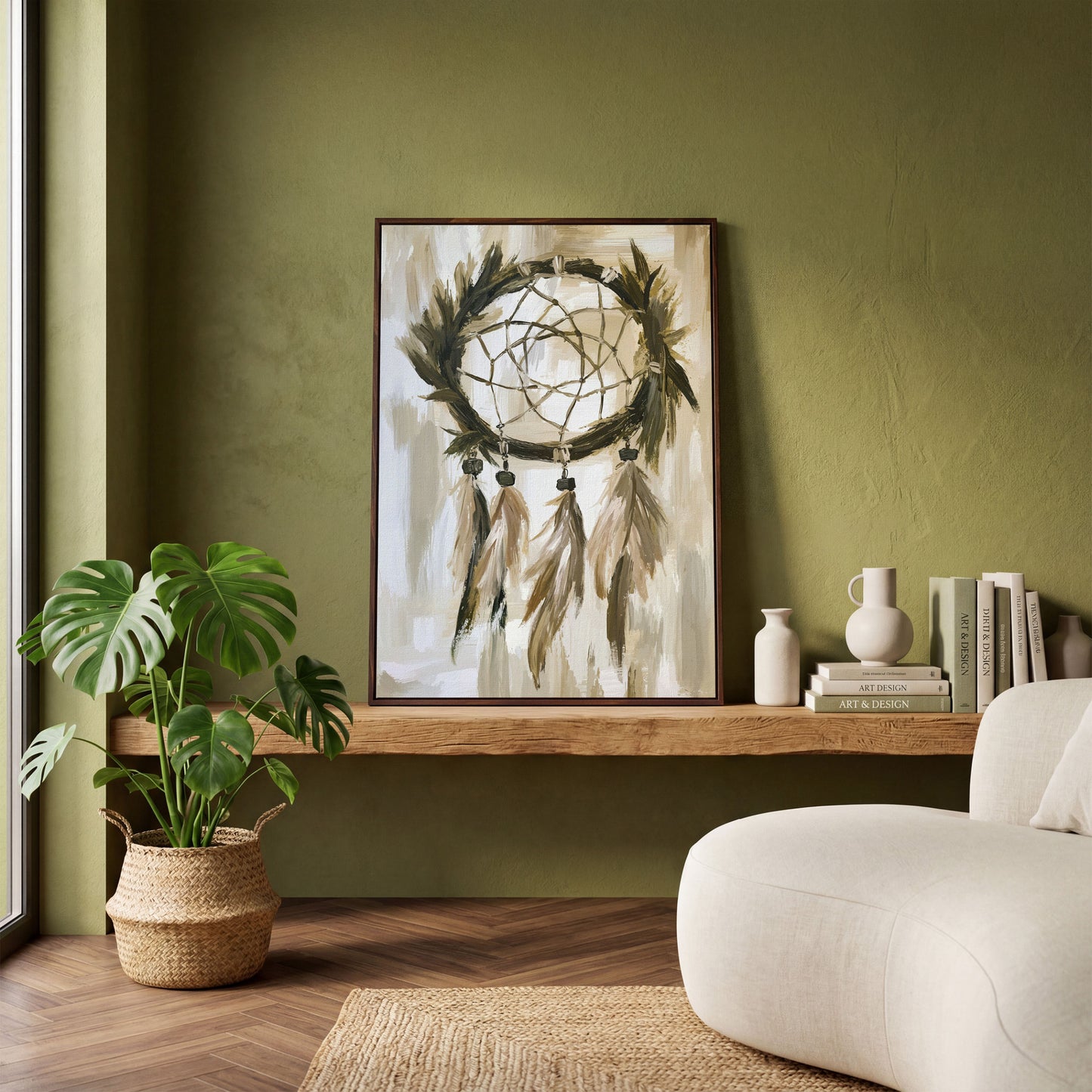 Boho Dreamcatcher Canvas Wall Art, Portrait Print in dark walnut floating frame