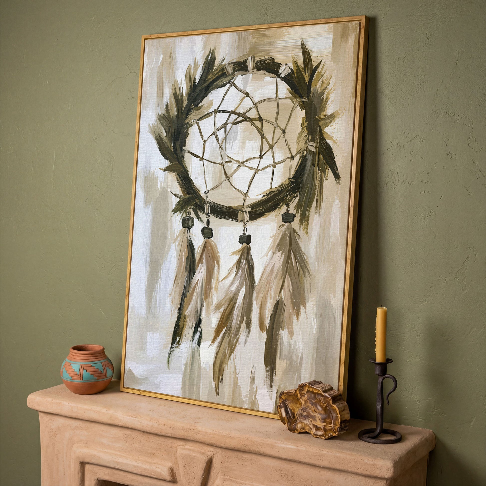 Boho Dreamcatcher Canvas Wall Art, Portrait Print in white oak floating frame
