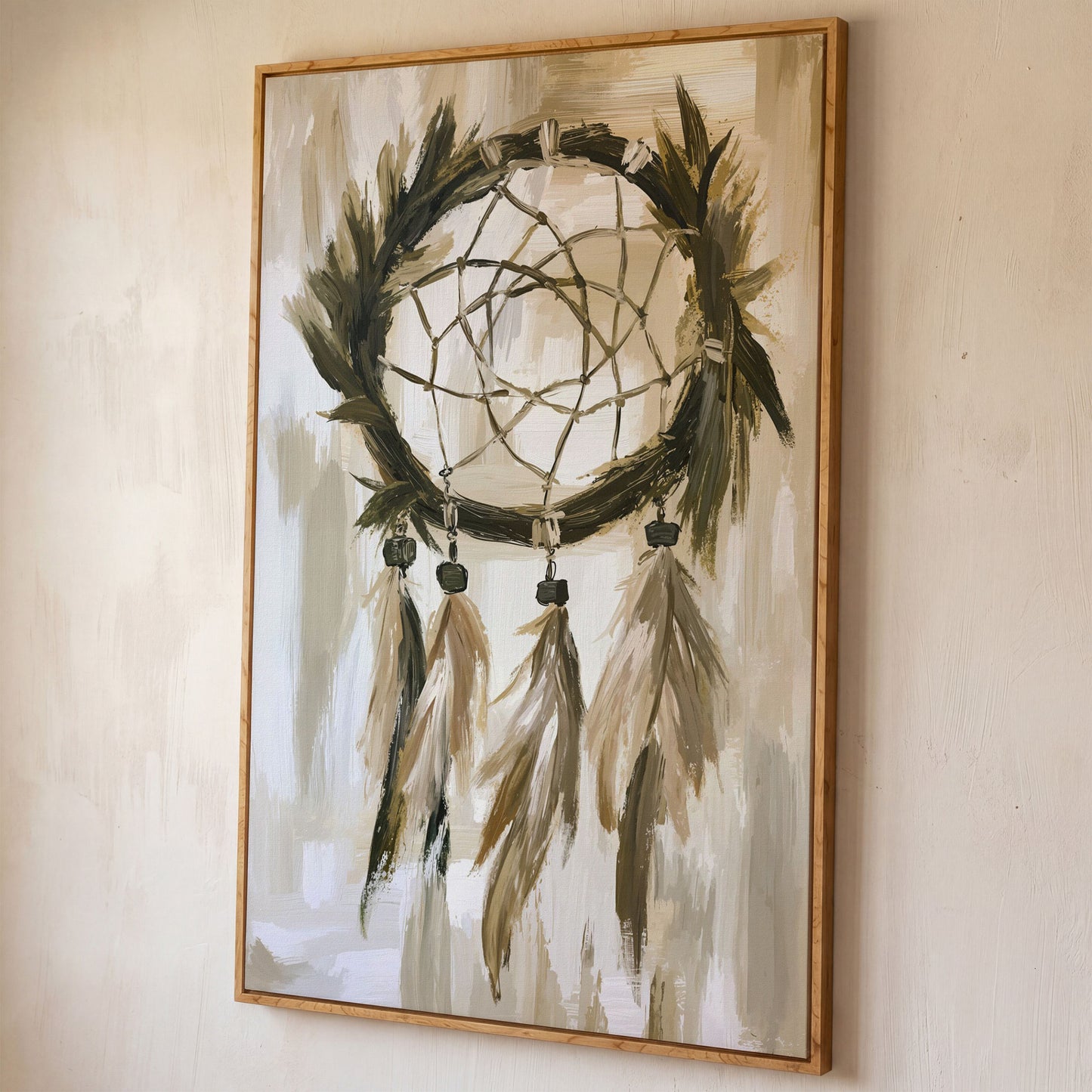 Boho Dreamcatcher Canvas Wall Art, Portrait Print shown in white oak floating frame