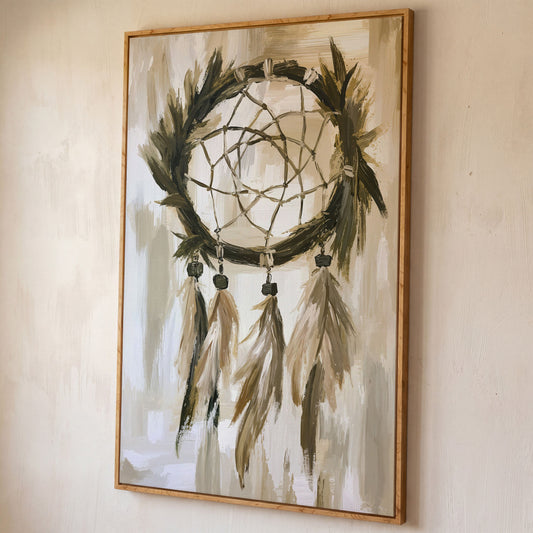 Boho Dreamcatcher Canvas Wall Art, Portrait Print shown in white oak floating frame