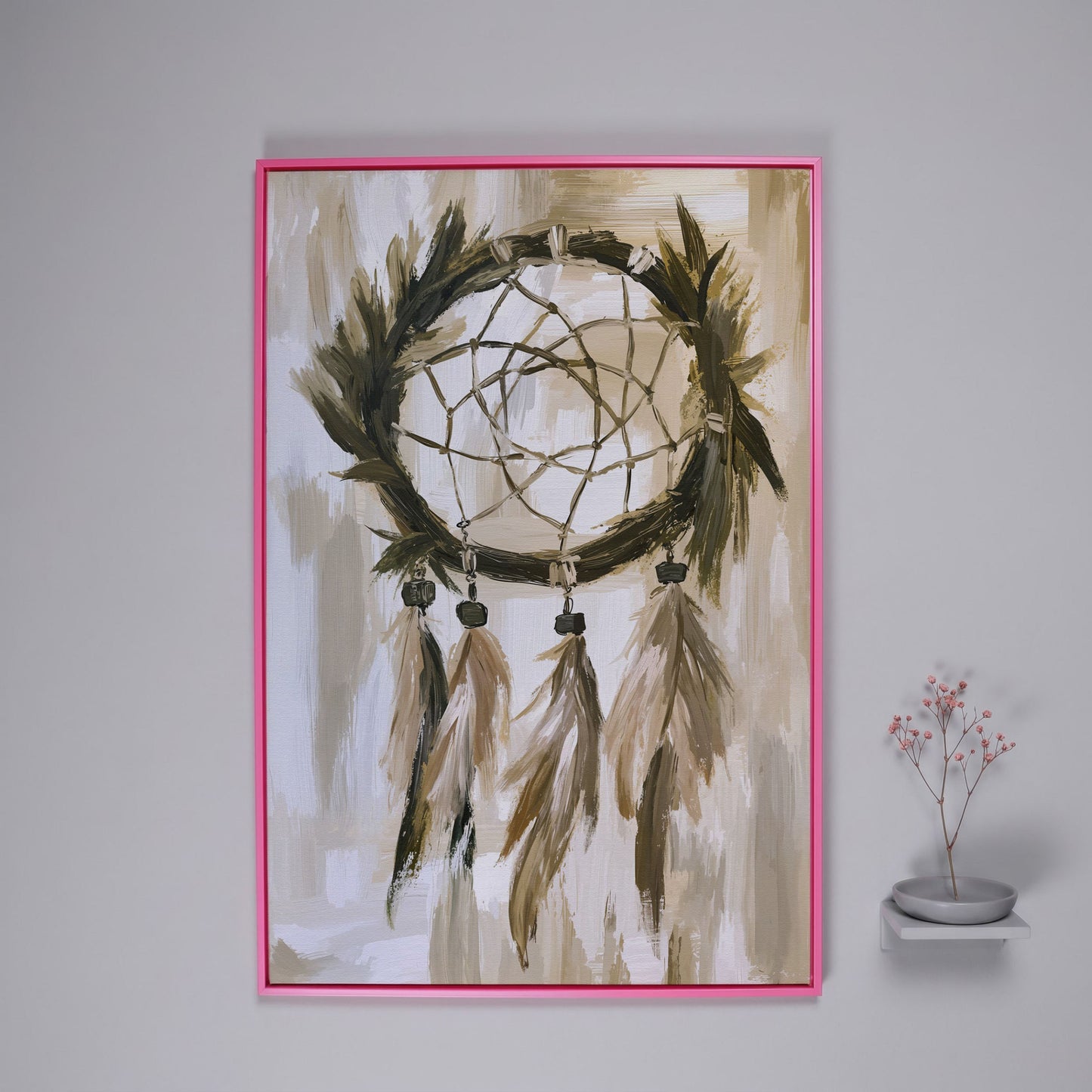 Boho Dreamcatcher Canvas Wall Art, Portrait Print in pink floating frame