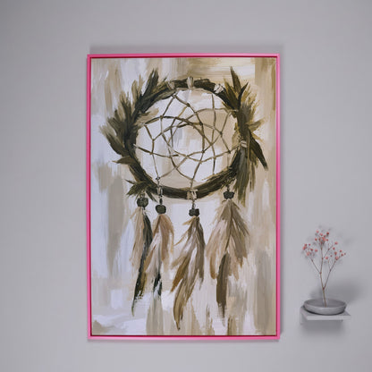 Boho Dreamcatcher Canvas Wall Art, Portrait Print in pink floating frame