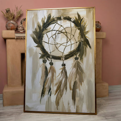 Boho Dreamcatcher Canvas Wall Art, Portrait Print in rose gold floating frame