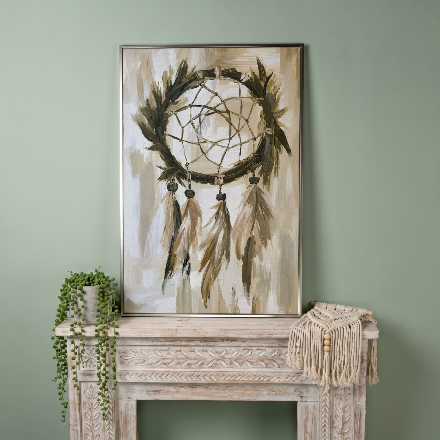 Boho Dreamcatcher Canvas Wall Art, Portrait Print in silver floating frame
