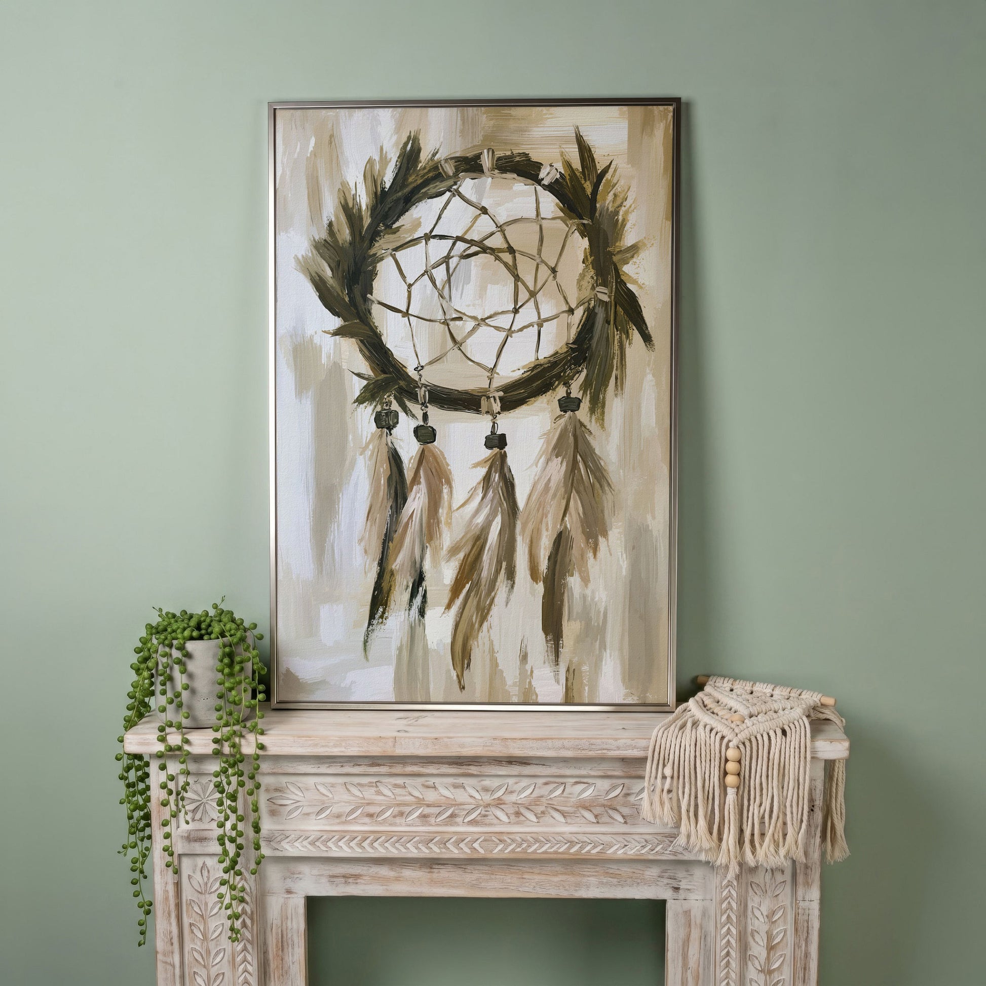 Boho Dreamcatcher Canvas Wall Art, Portrait Print in silver floating frame