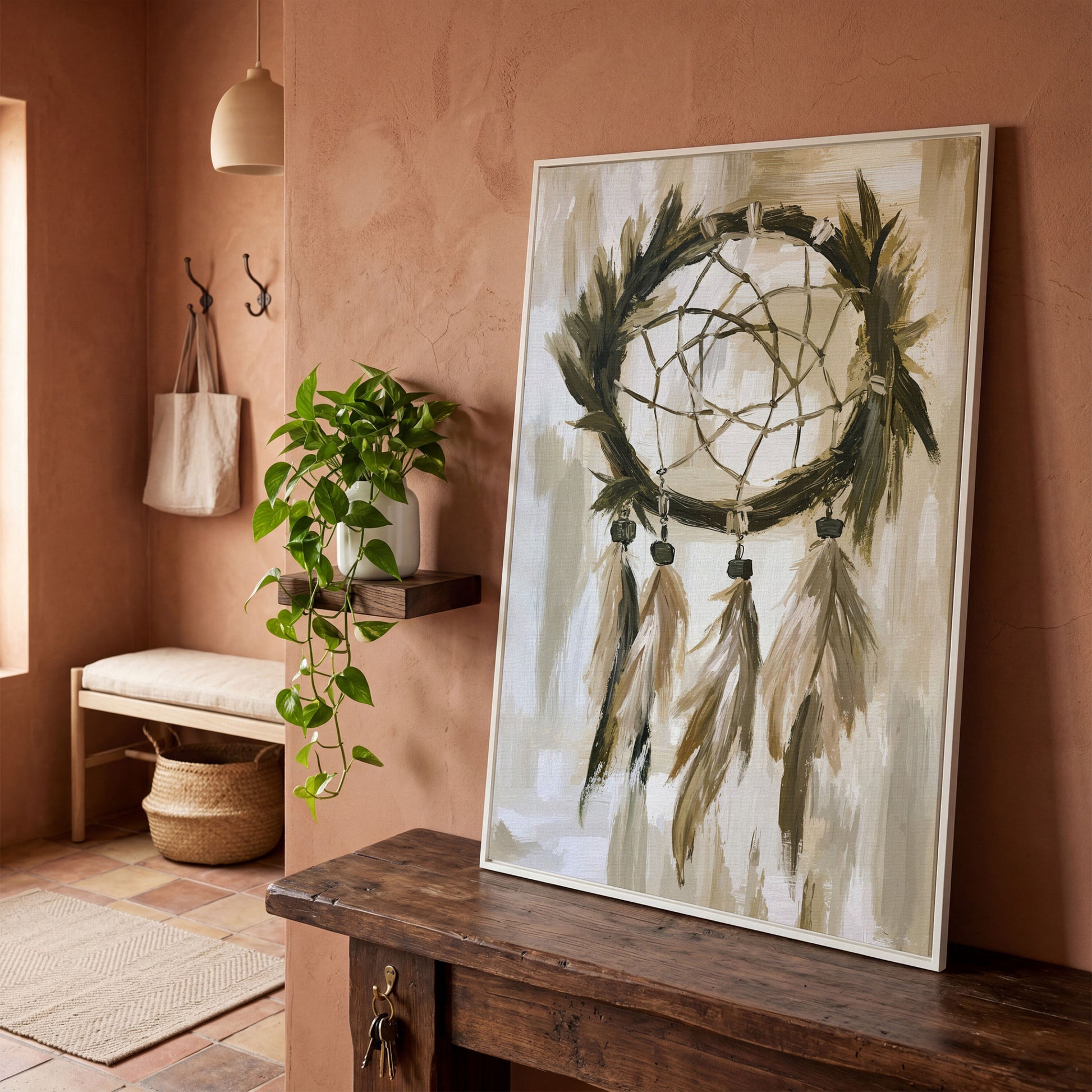 Boho Dreamcatcher Canvas Wall Art, Portrait Print in white floating frame