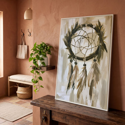 Boho Dreamcatcher Canvas Wall Art, Portrait Print in white floating frame
