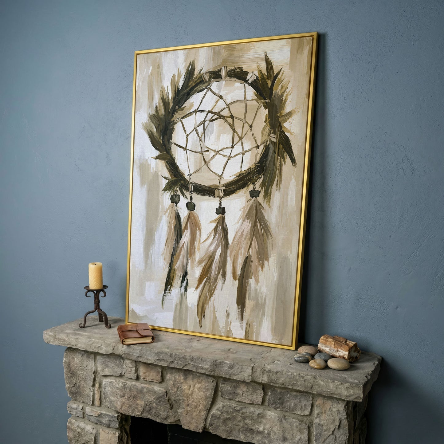 Boho Dreamcatcher Canvas Wall Art, Portrait Print in yellow gold floating frame