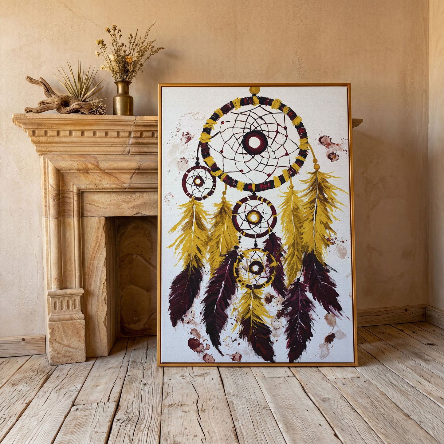 Dreamcatcher with Feathers Canvas Wall Art in antique gold floating frame
