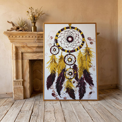 Dreamcatcher with Feathers Canvas Wall Art in antique gold floating frame