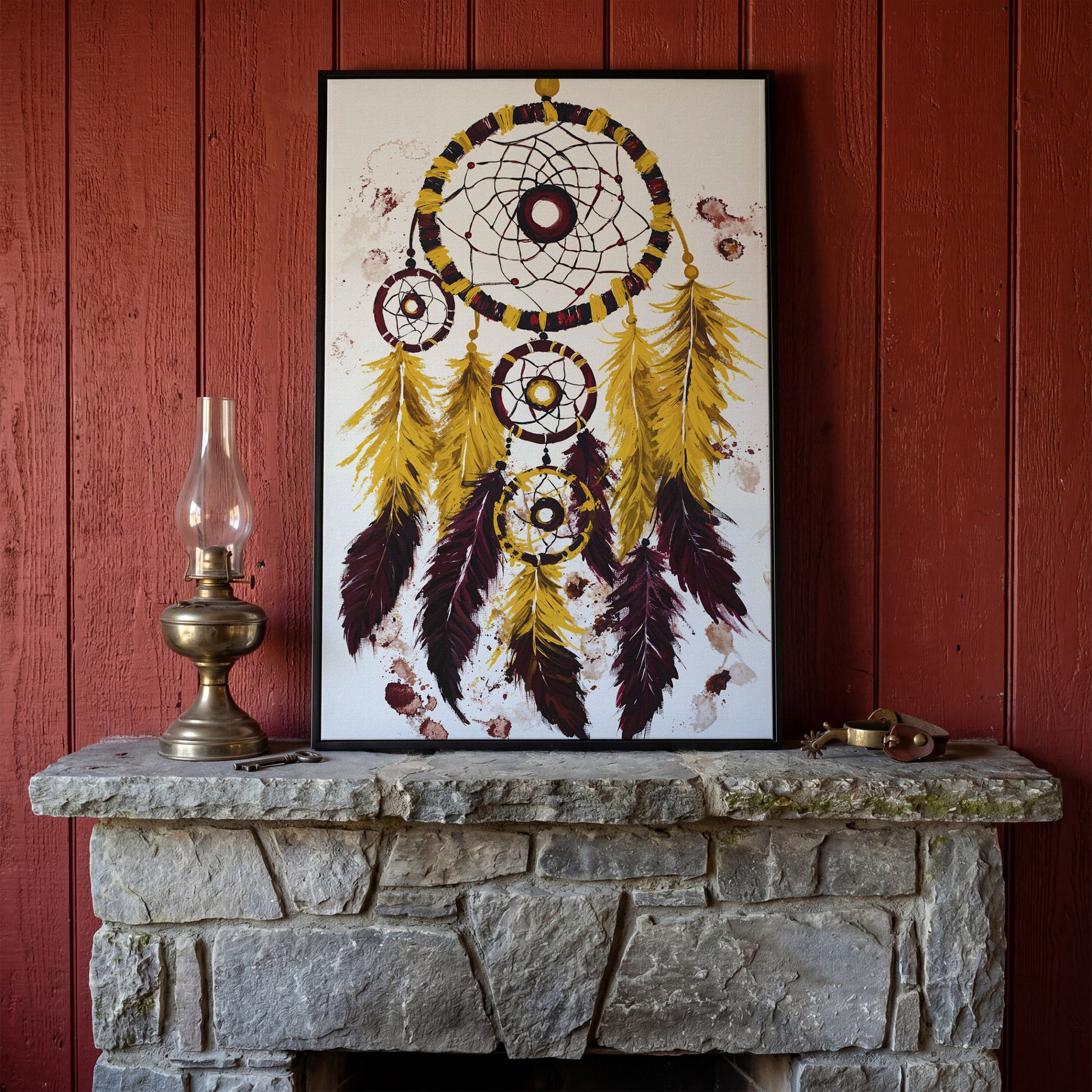 Dreamcatcher with Feathers Canvas Wall Art in black floating frame