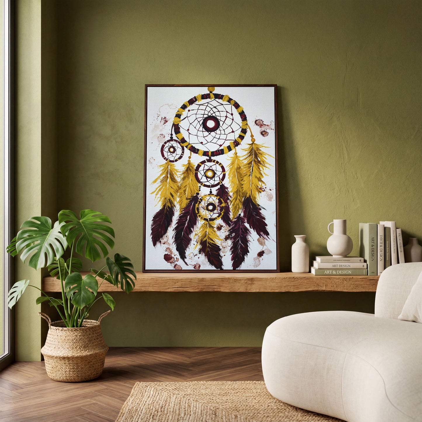 Dreamcatcher with Feathers Canvas Wall Art in dark walnut floating frame