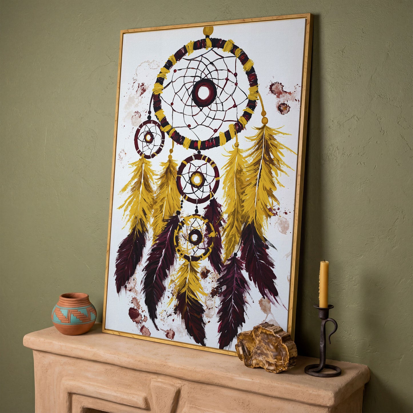 Dreamcatcher with Feathers Canvas Wall Art in white oak floating frame