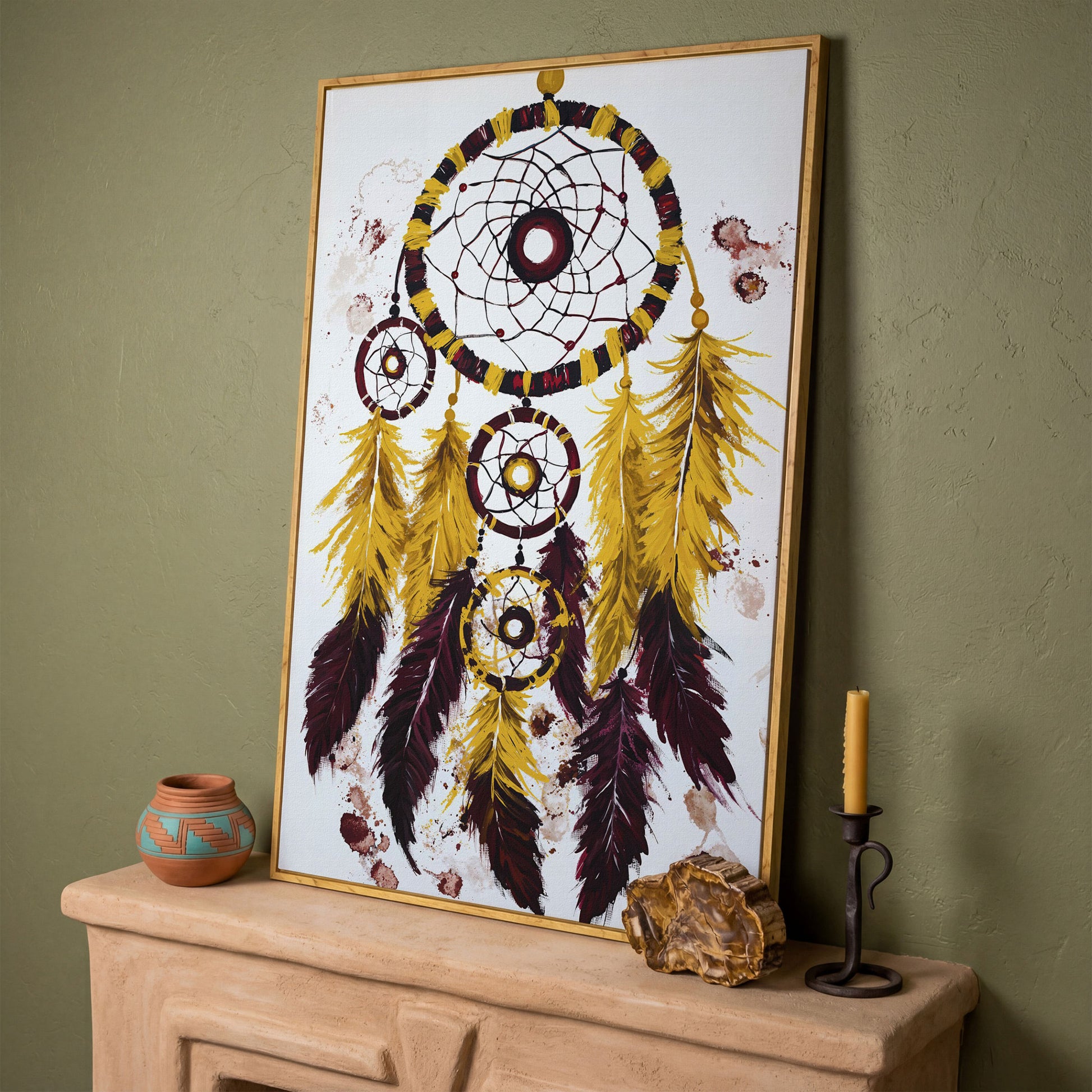 Dreamcatcher with Feathers Canvas Wall Art in white oak floating frame