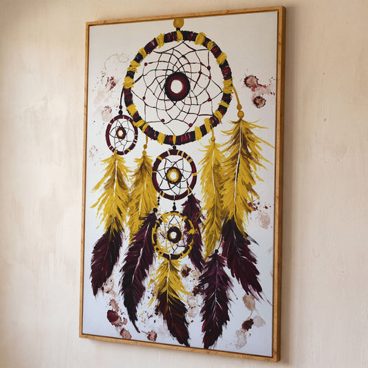 Dreamcatcher with Feathers Canvas Wall Art shown in white oak floating frame