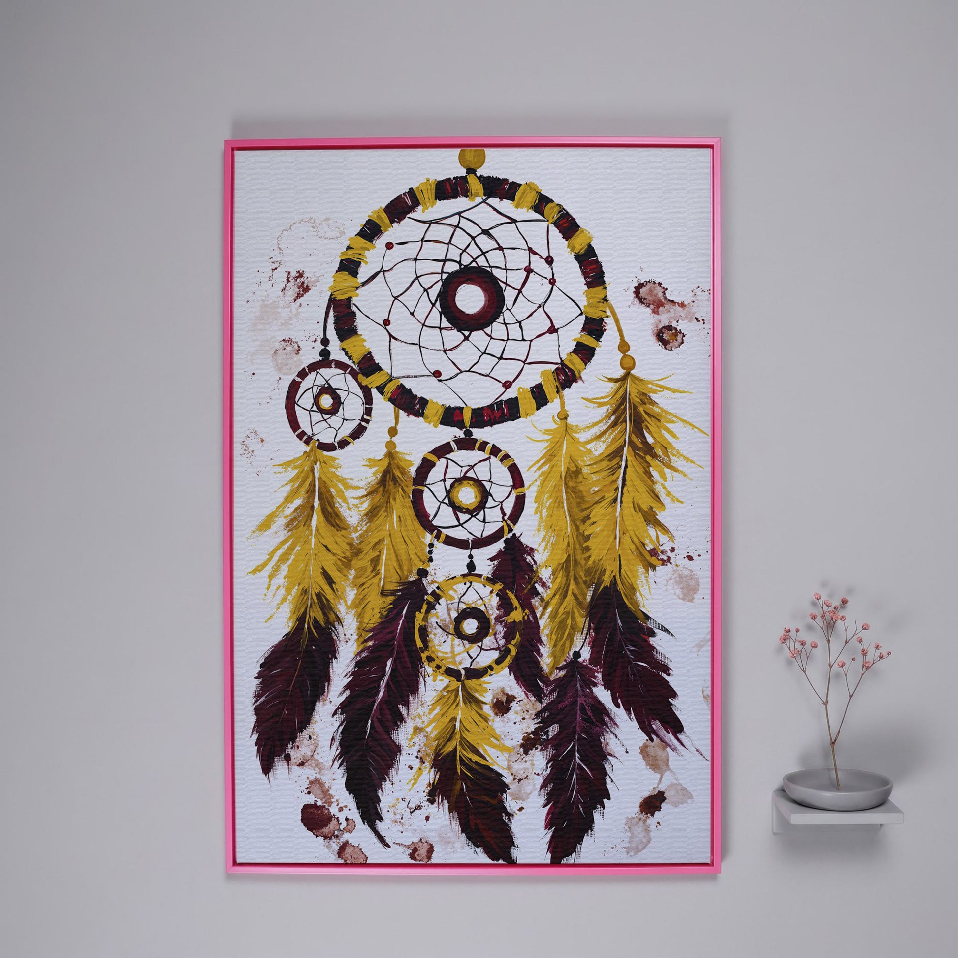 Dreamcatcher with Feathers Canvas Wall Art in pink floating frame