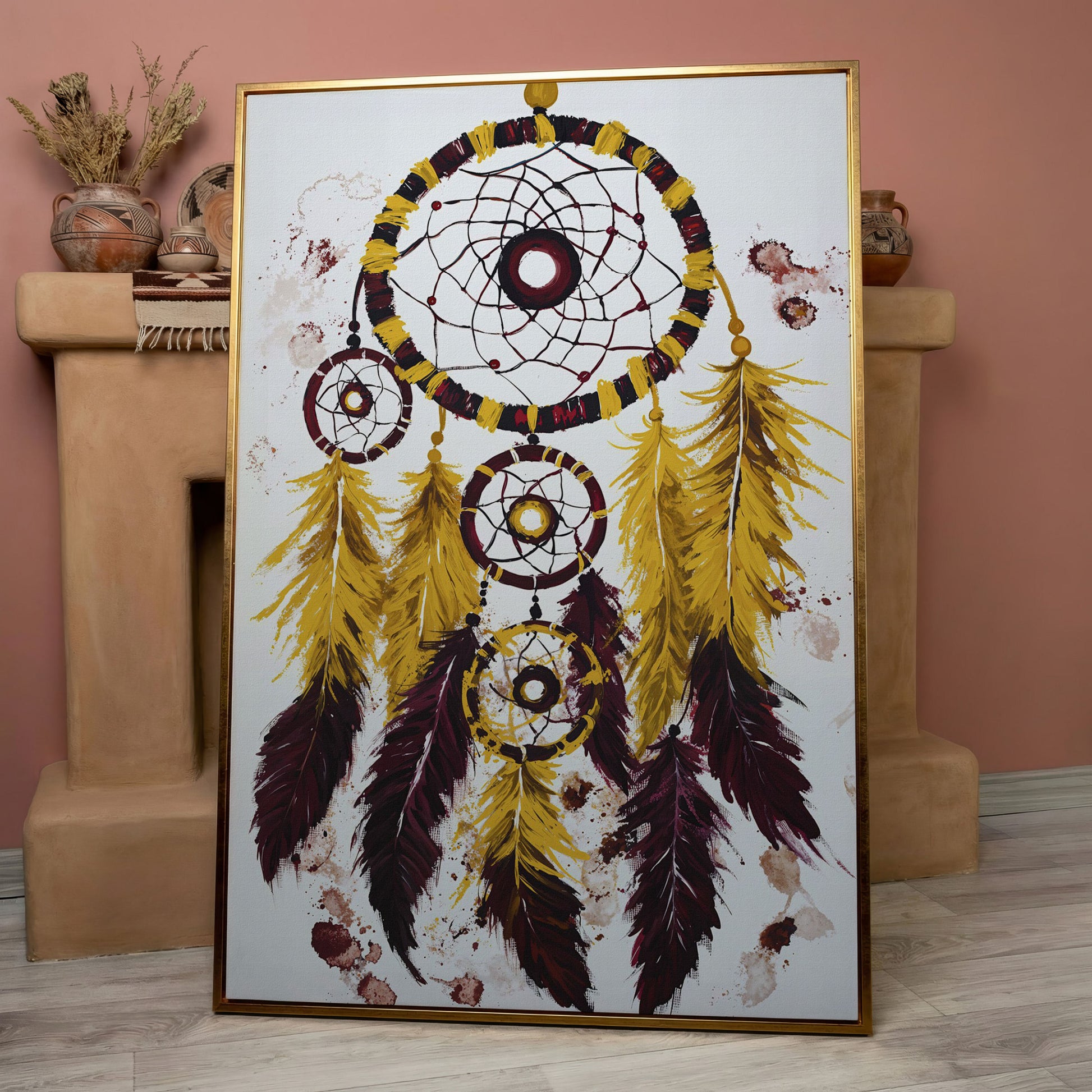 Dreamcatcher with Feathers Canvas Wall Art in rose gold floating frame