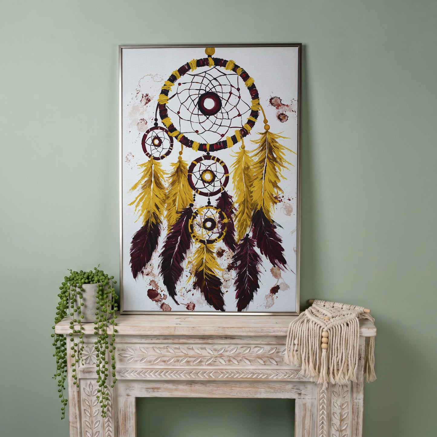 Dreamcatcher with Feathers Canvas Wall Art in silver floating frame