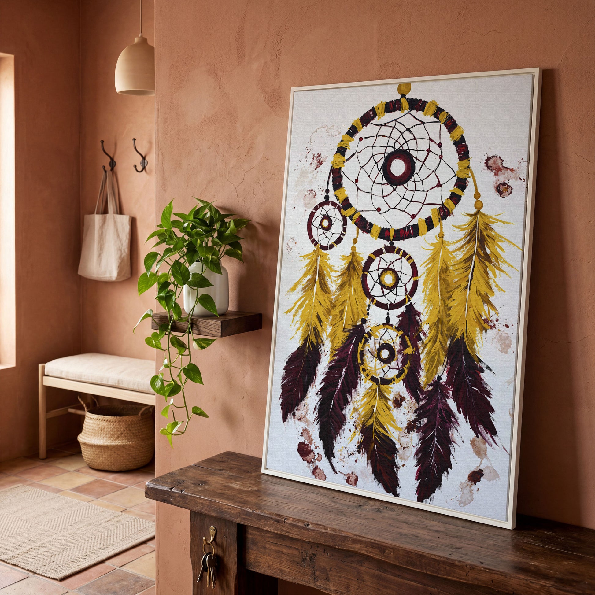 Dreamcatcher with Feathers Canvas Wall Art in white floating frame