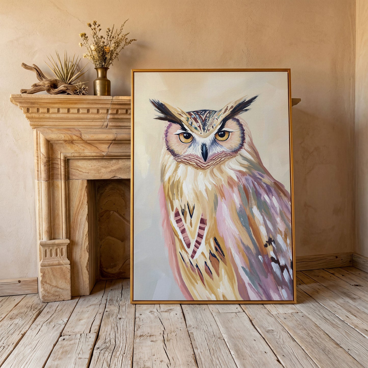 Close-Up Owl Portrait Canvas Wall Art in antique gold floating frame