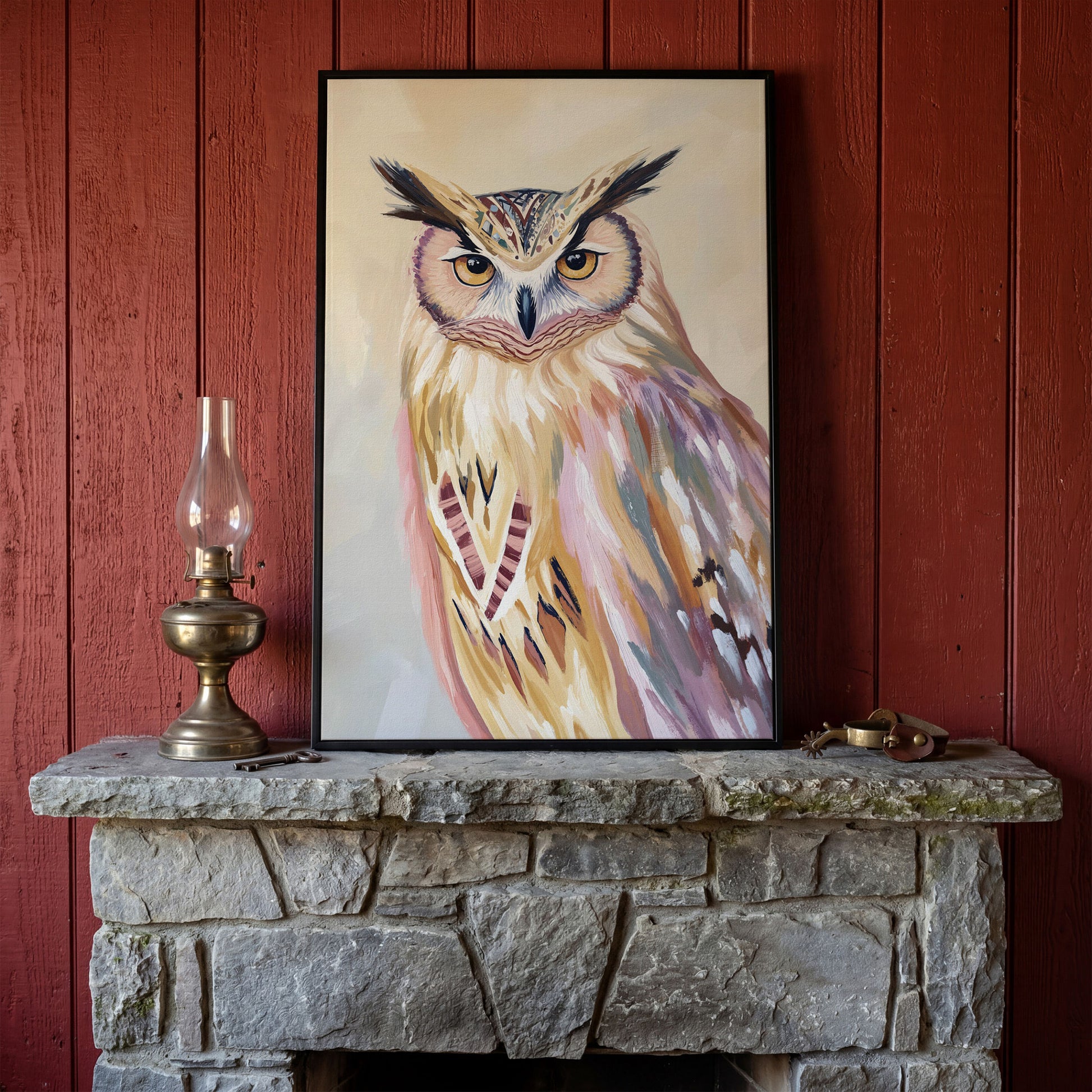 Close-Up Owl Portrait Canvas Wall Art in black floating frame