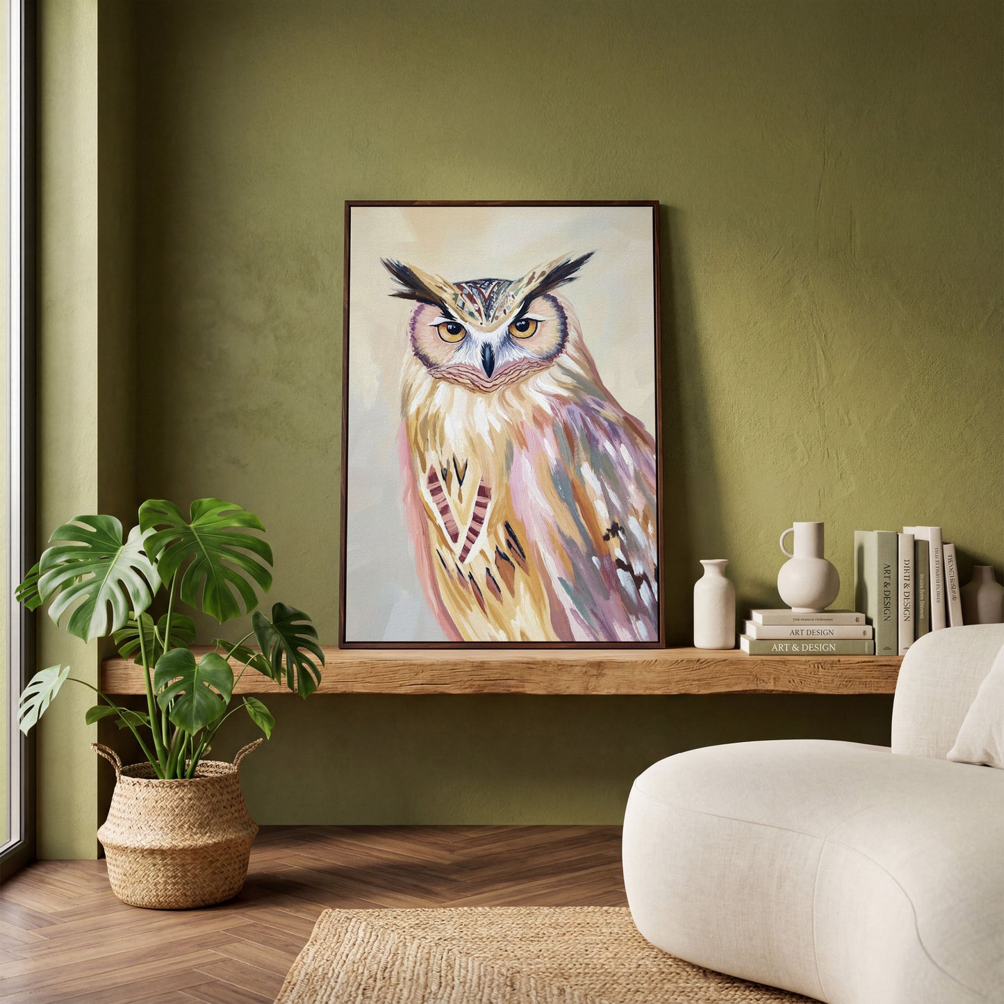 Close-Up Owl Portrait Canvas Wall Art in dark walnut floating frame