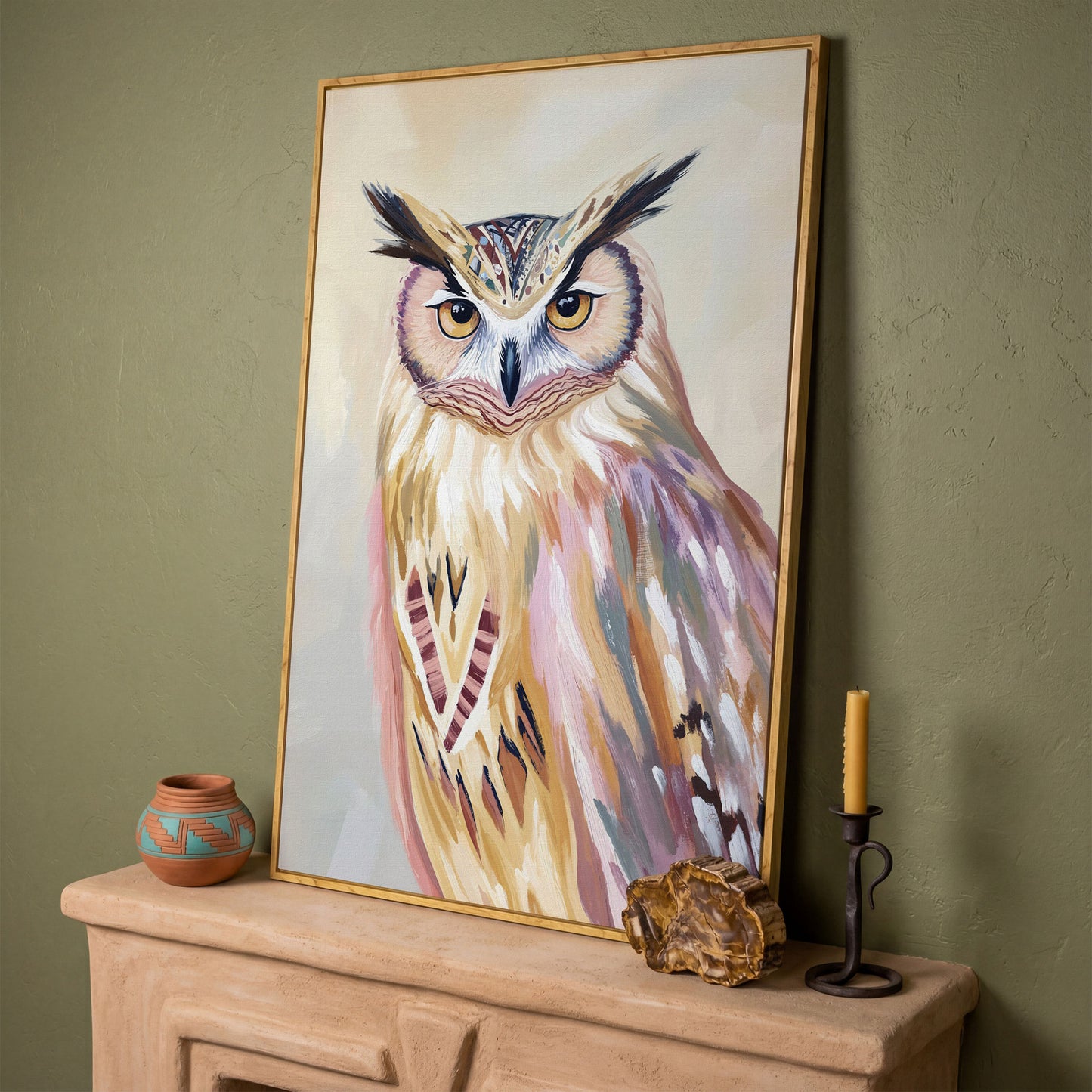 Close-Up Owl Portrait Canvas Wall Art in white oak floating frame