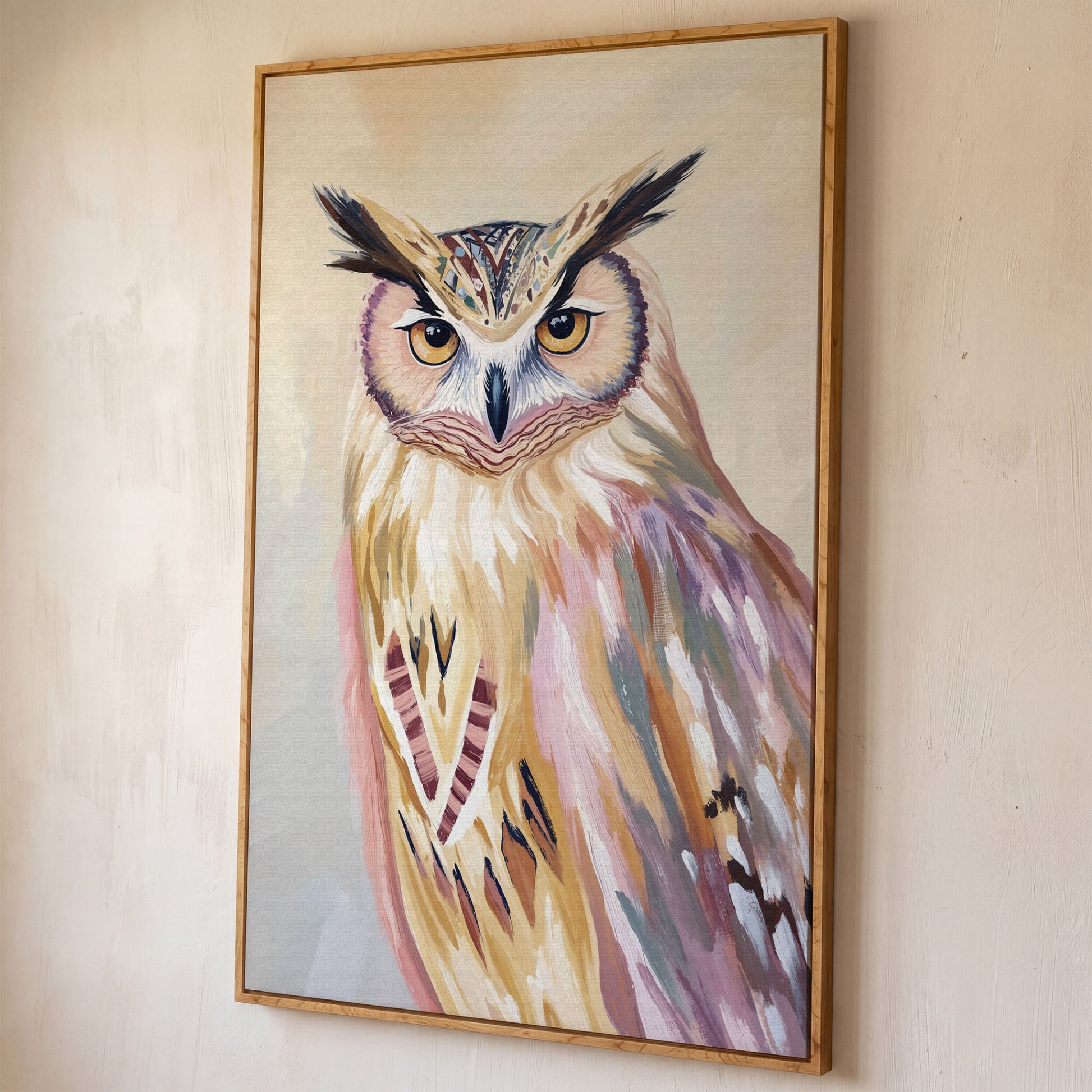 Close-Up Owl Portrait Canvas Wall Art shown in white oak floating frame