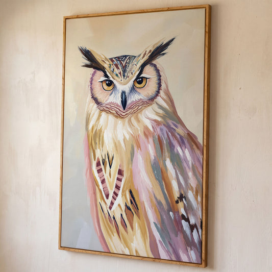 Close-Up Owl Portrait Canvas Wall Art shown in white oak floating frame