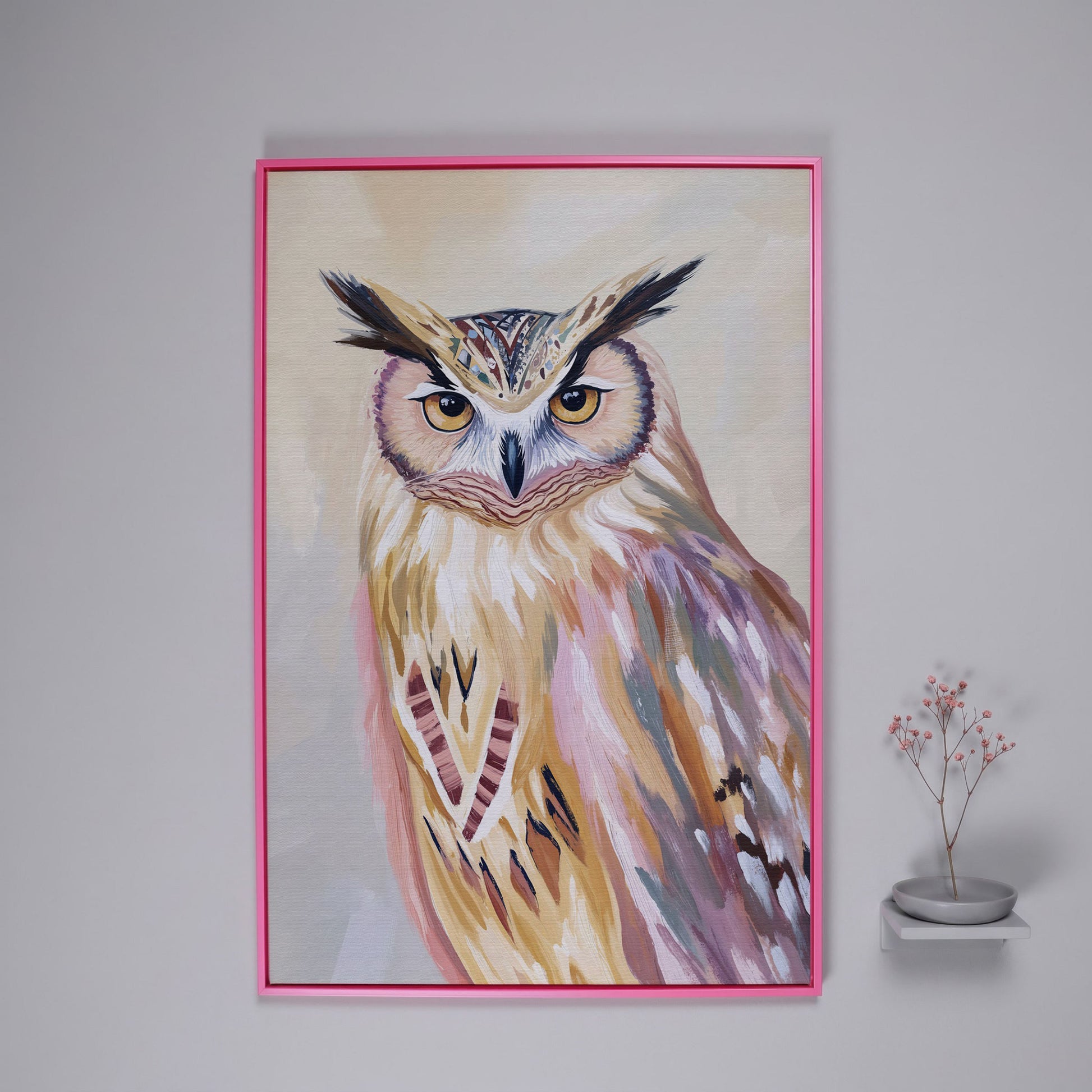 Close-Up Owl Portrait Canvas Wall Art in pink floating frame
