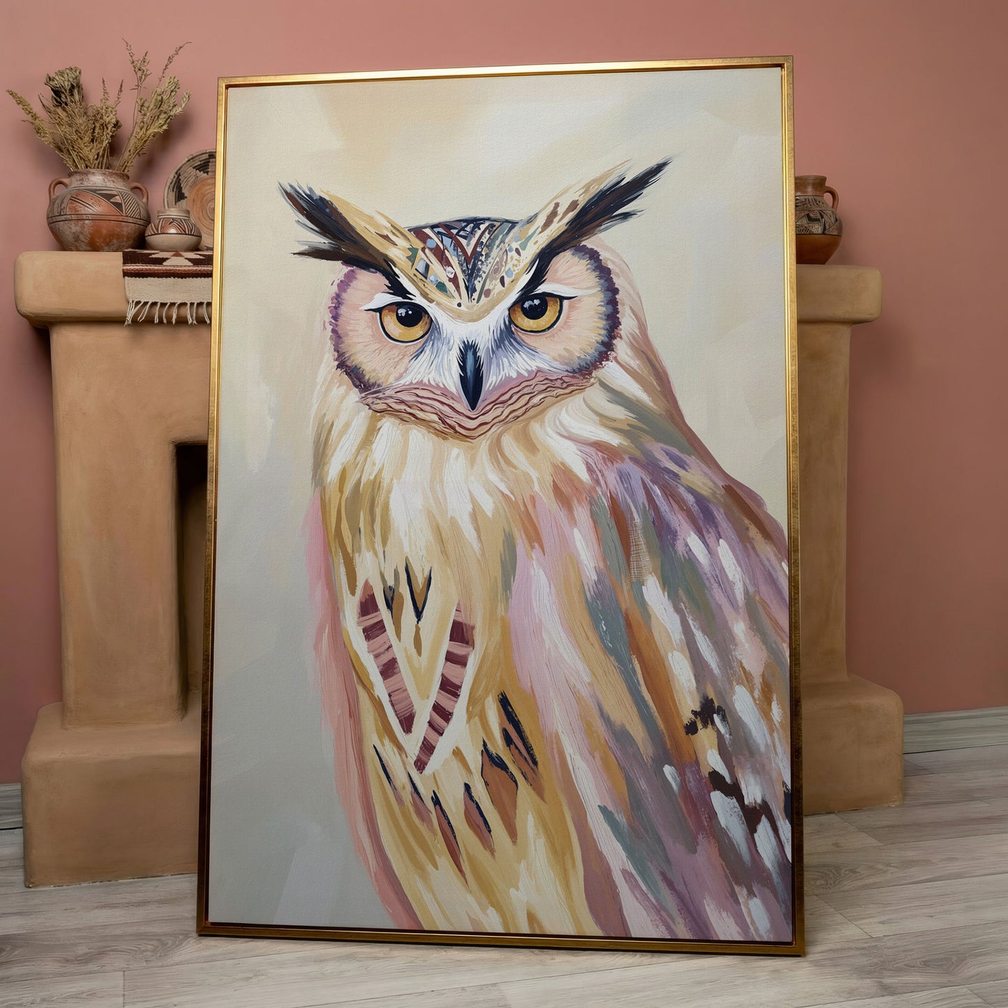Close-Up Owl Portrait Canvas Wall Art in rose gold floating frame