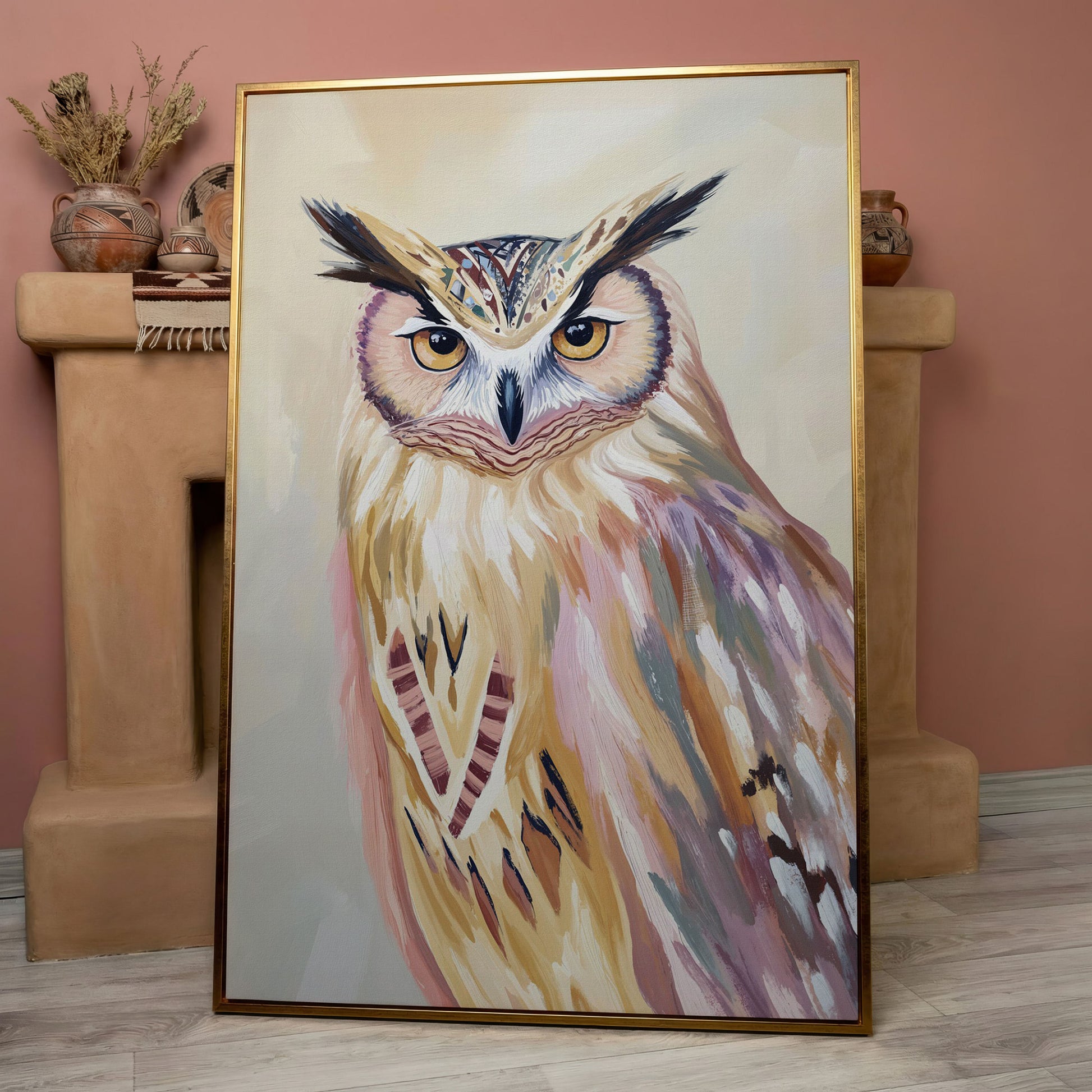 Close-Up Owl Portrait Canvas Wall Art in rose gold floating frame