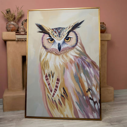 Close-Up Owl Portrait Canvas Wall Art in rose gold floating frame
