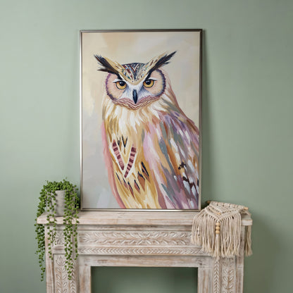 Close-Up Owl Portrait Canvas Wall Art in silver floating frame