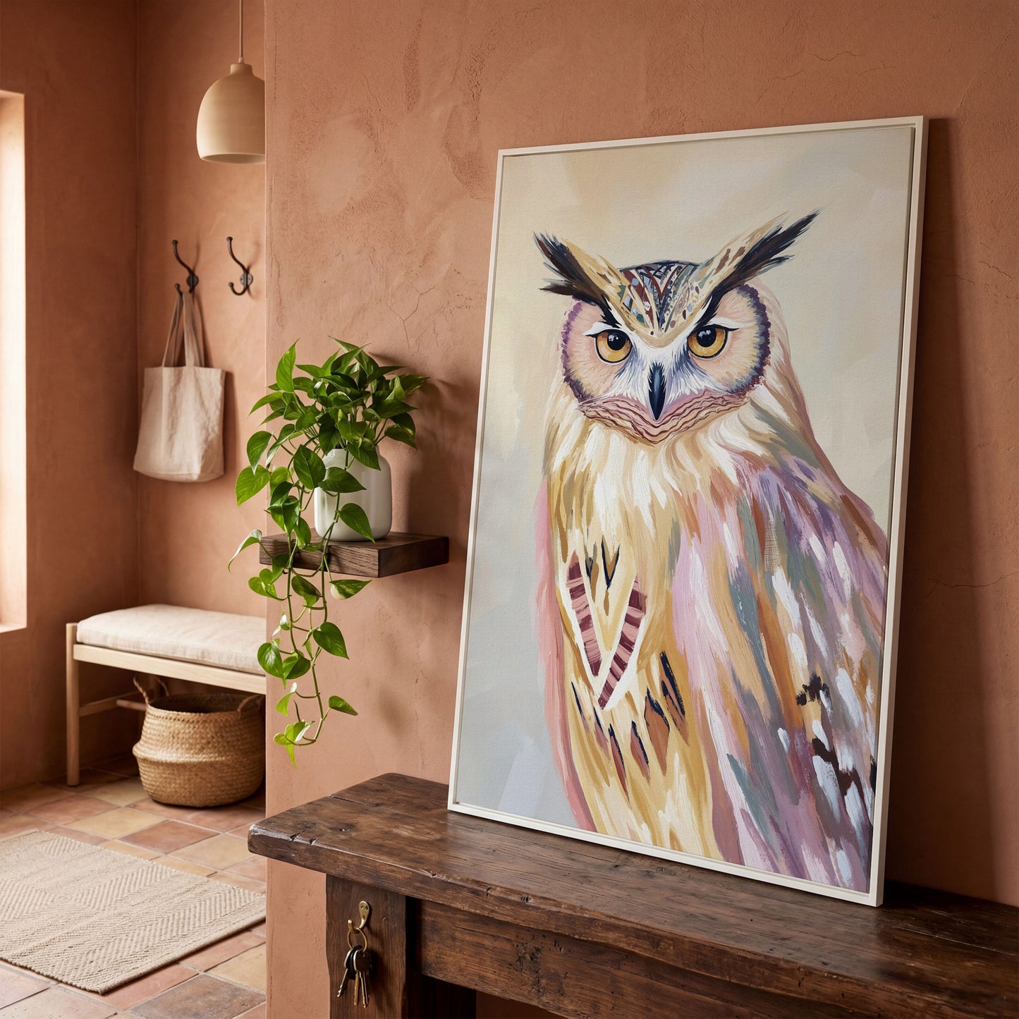 Close-Up Owl Portrait Canvas Wall Art in white floating frame