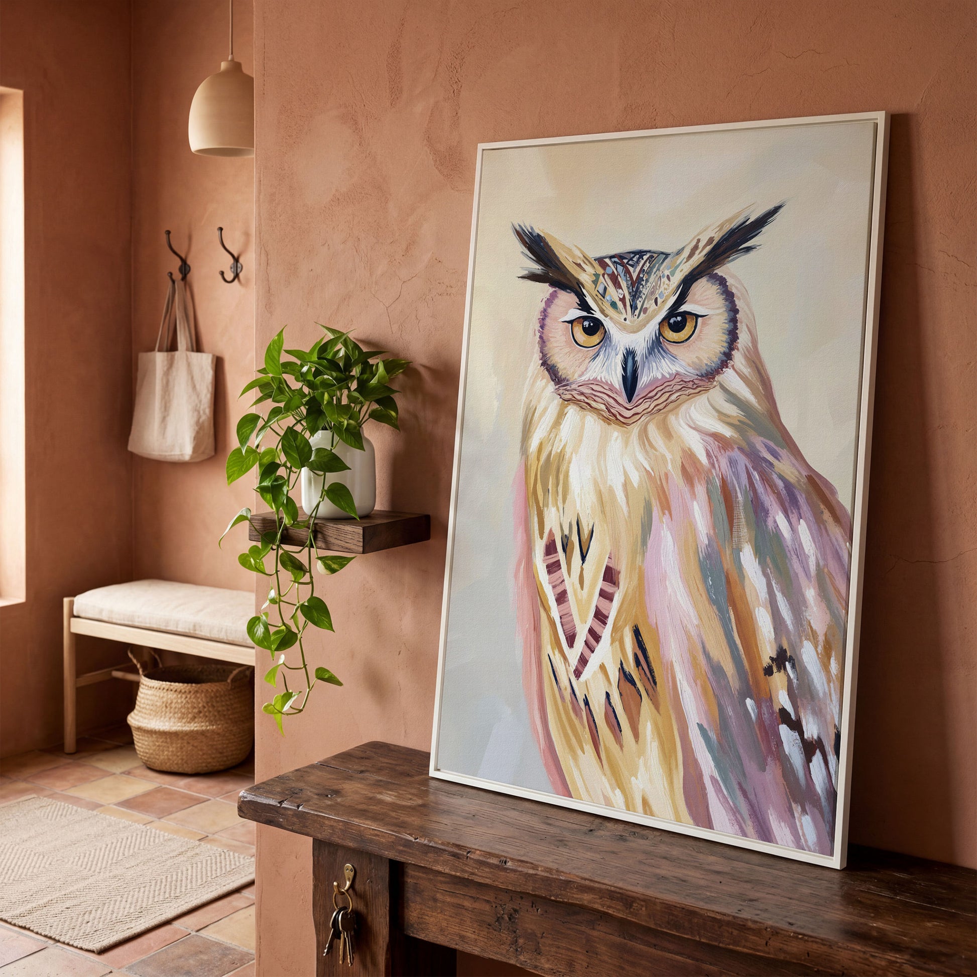 Close-Up Owl Portrait Canvas Wall Art in white floating frame