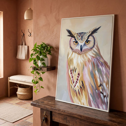 Close-Up Owl Portrait Canvas Wall Art in white floating frame