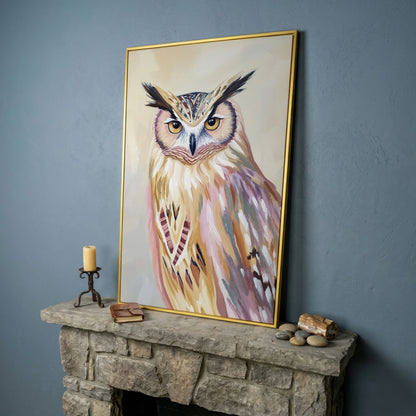 Close-Up Owl Portrait Canvas Wall Art in yellow gold floating frame