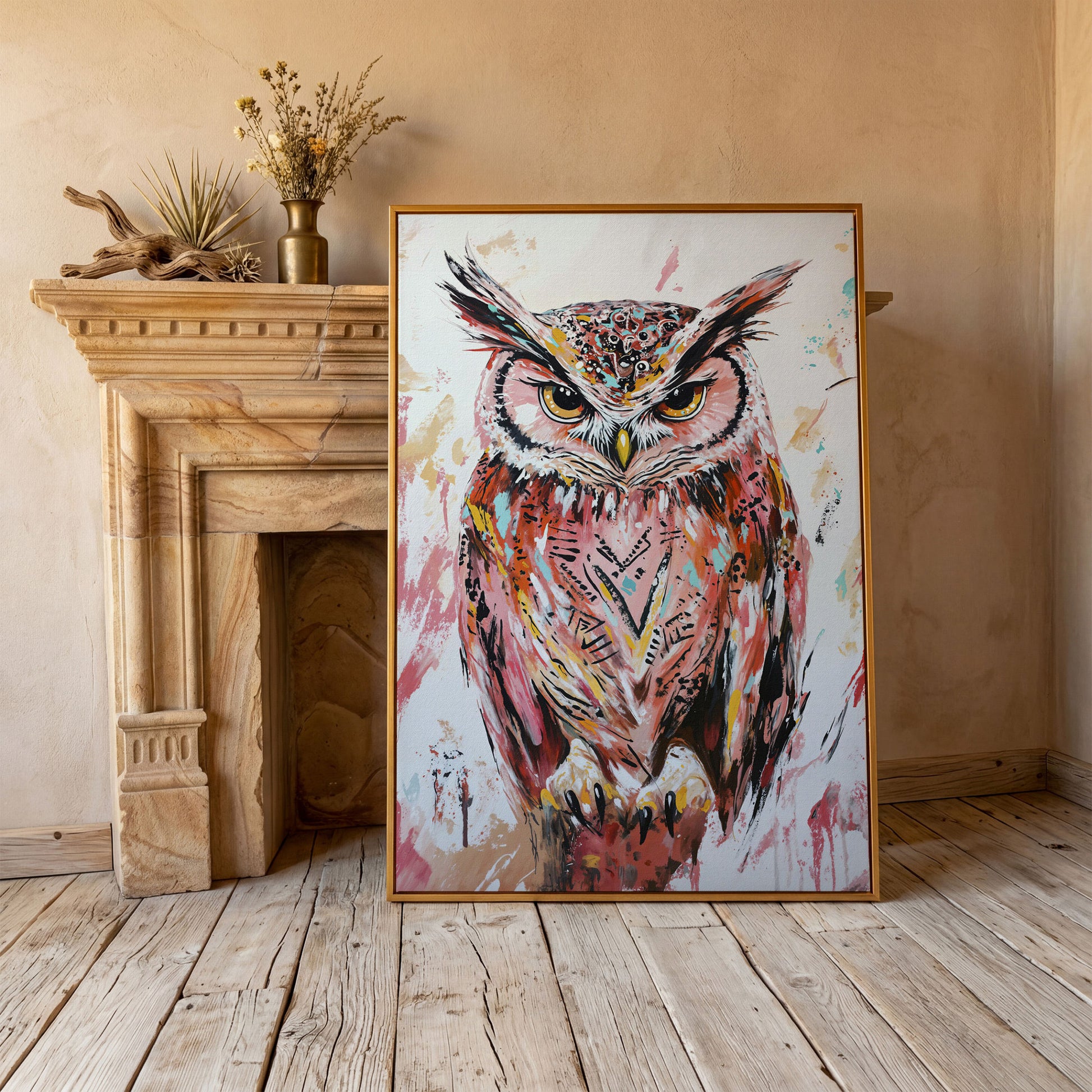Perched Owl Portrait Canvas Wall Art in antique gold floating frame