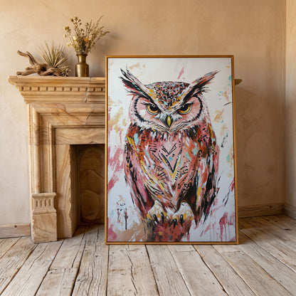 Perched Owl Portrait Canvas Wall Art in antique gold floating frame