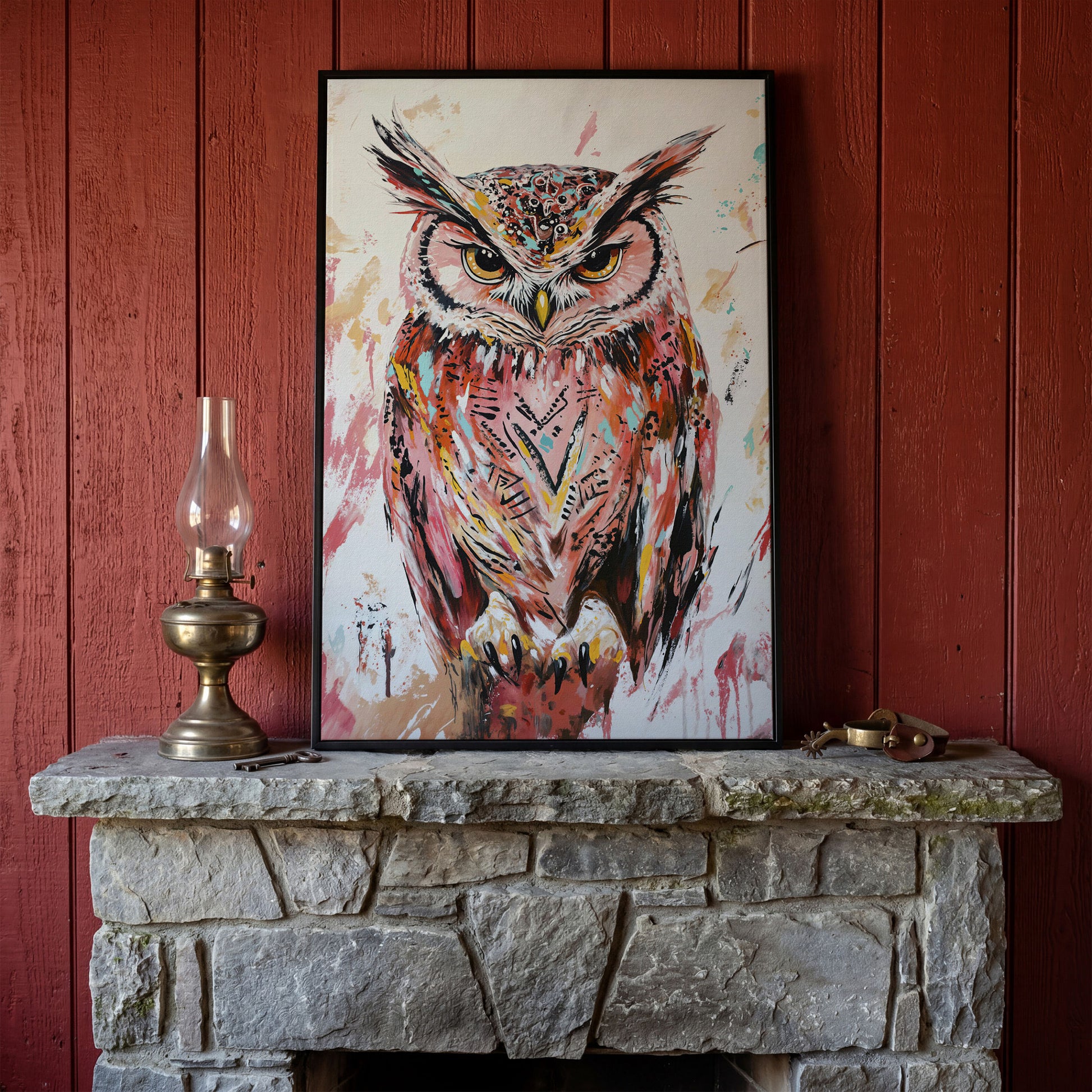 Perched Owl Portrait Canvas Wall Art in black floating frame