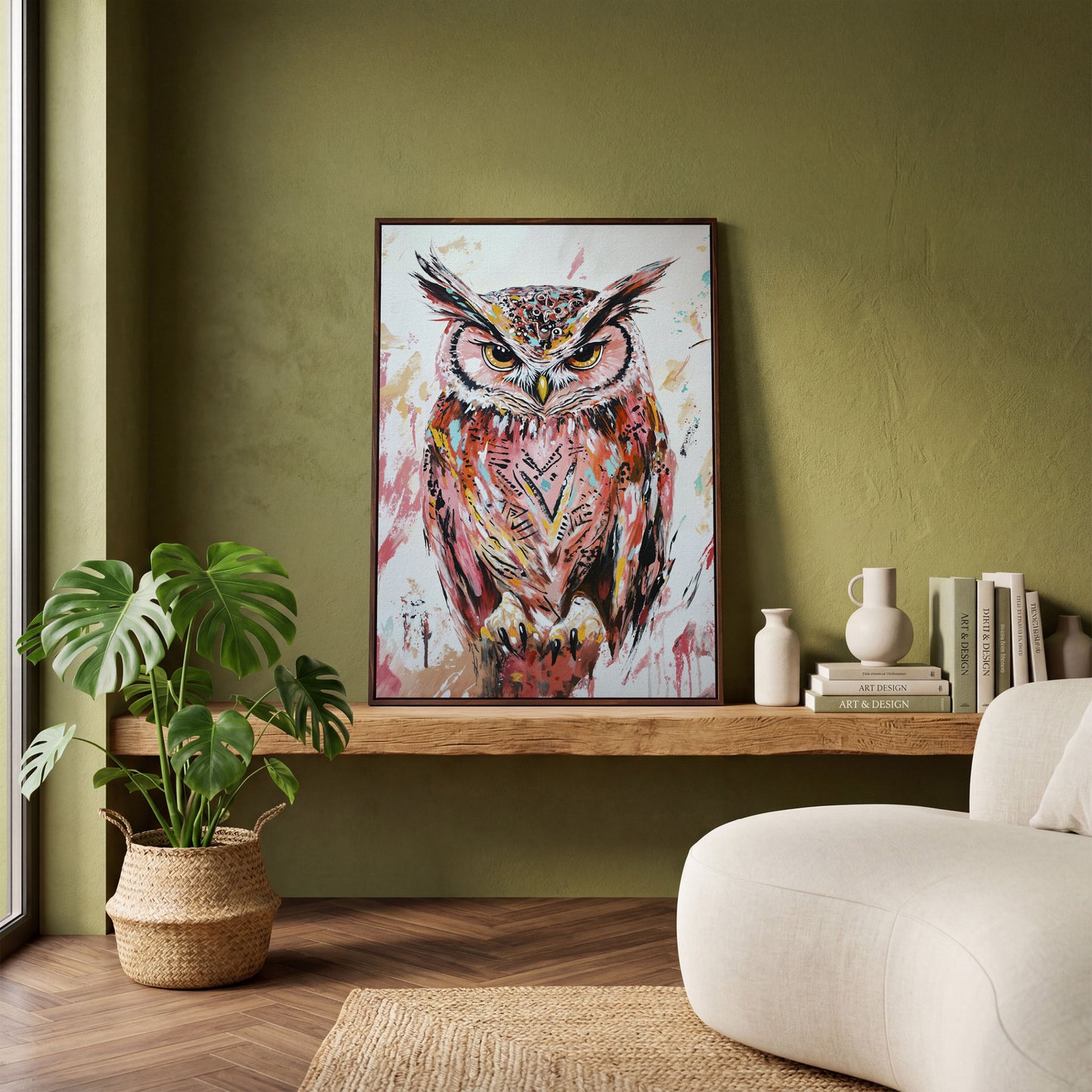 Perched Owl Portrait Canvas Wall Art in dark walnut floating frame