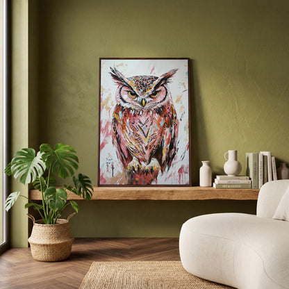 Perched Owl Portrait Canvas Wall Art in dark walnut floating frame