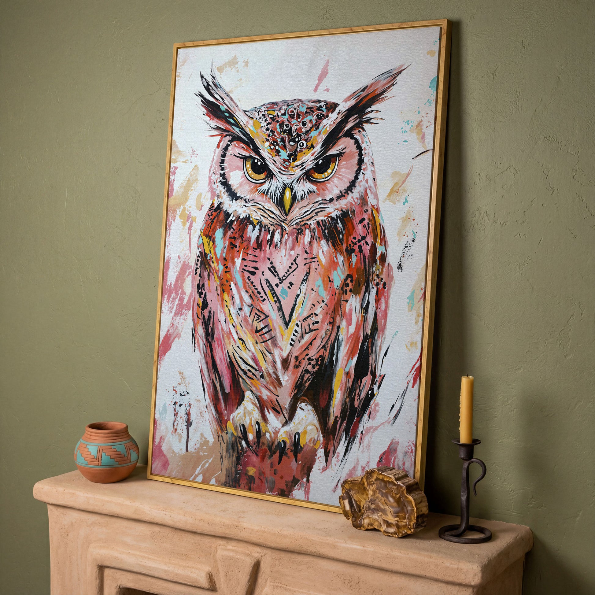 Perched Owl Portrait Canvas Wall Art in white oak floating frame