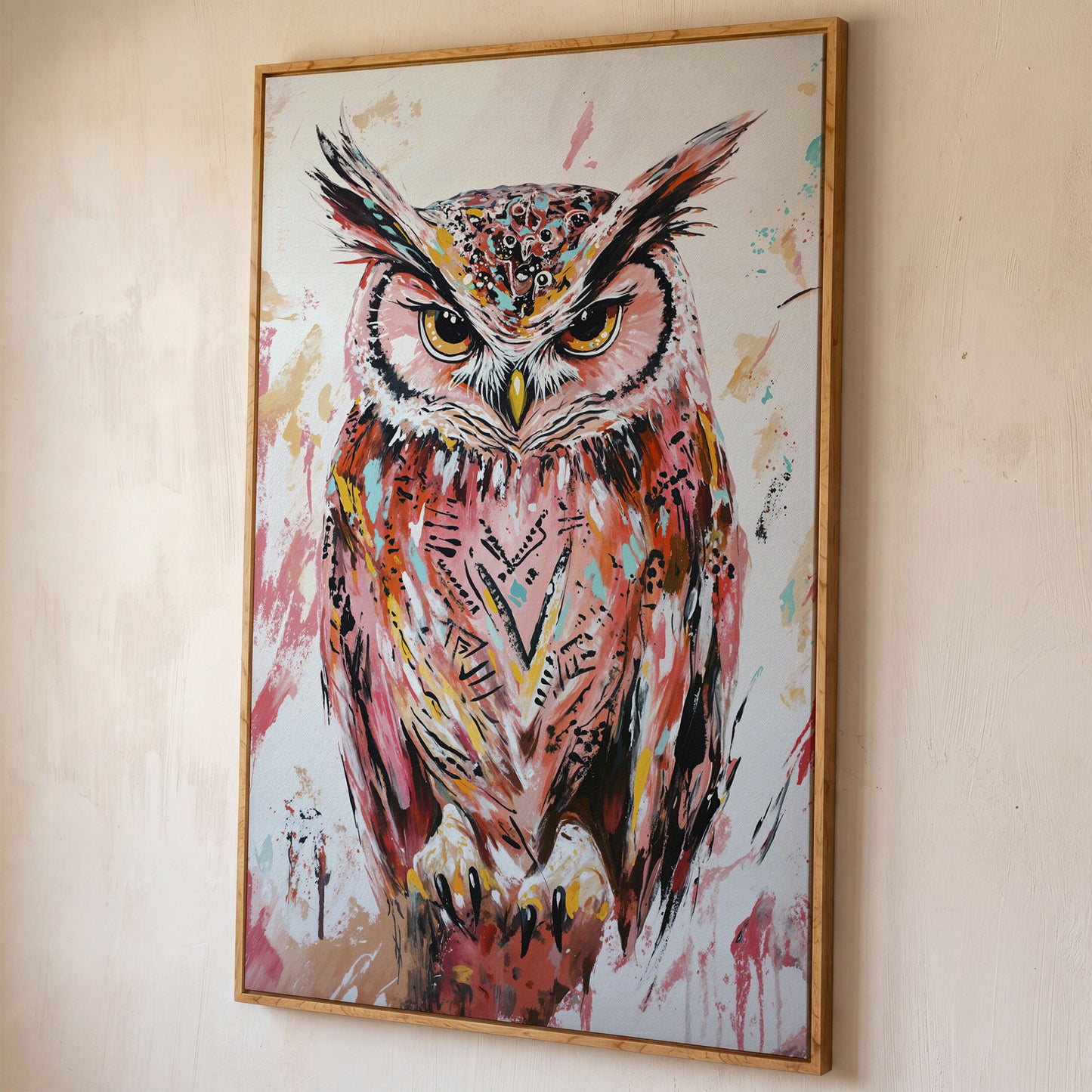 Perched Owl Portrait Canvas Wall Art shown in white oak floating frame