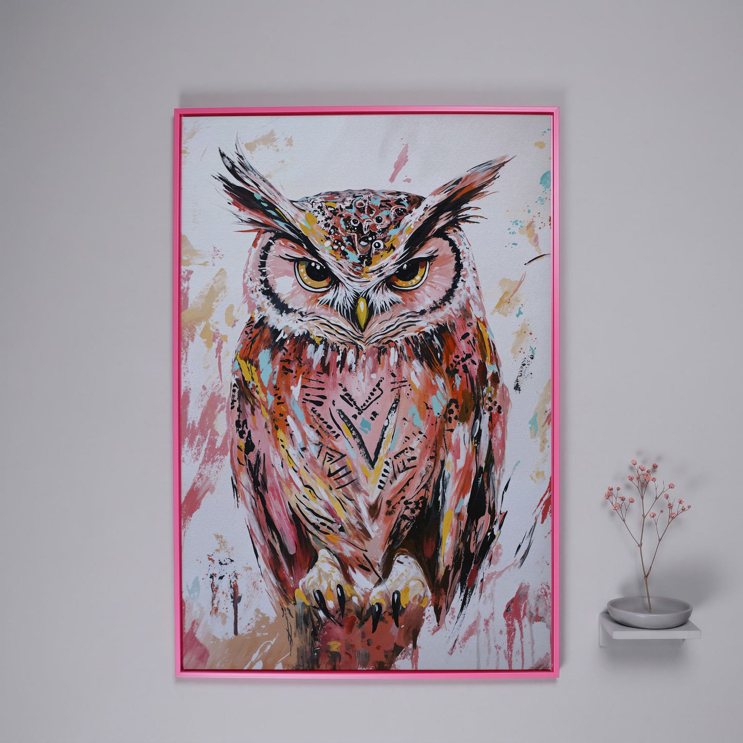 Perched Owl Portrait Canvas Wall Art in pink floating frame