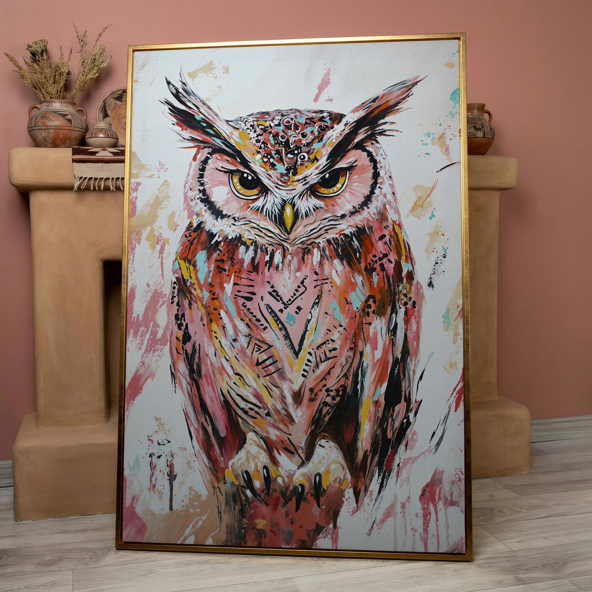 Perched Owl Portrait Canvas Wall Art in rose gold floating frame